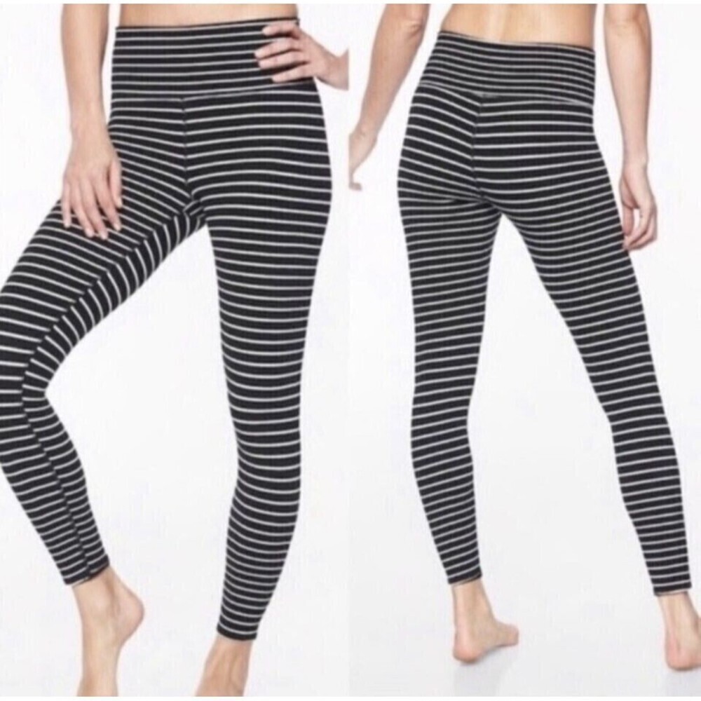 Athleta Elation Virasana 7/8 Stripe Leggings XS Black White High Rise Ankle Crop